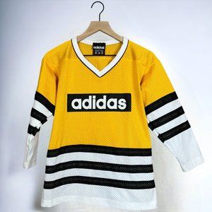 *Rare* Kids Vintage 90s Yellow V-Neck Adidas Logo Mesh Hockey Jersey Stripes M